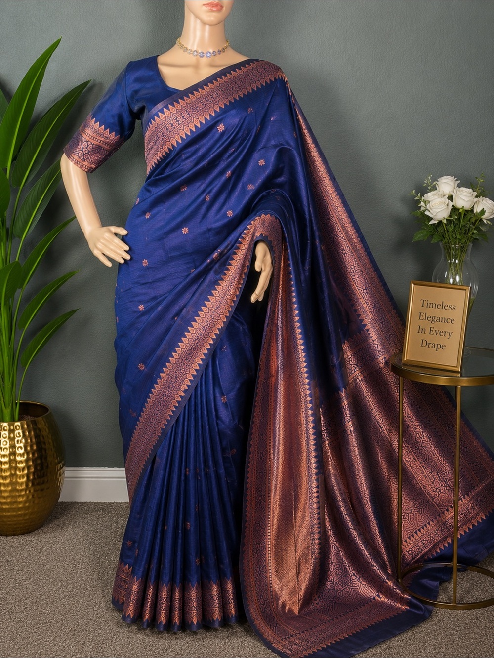 Brand new Navy Blue Silk Sari with Copper with stitched blouse (34” - 42”)